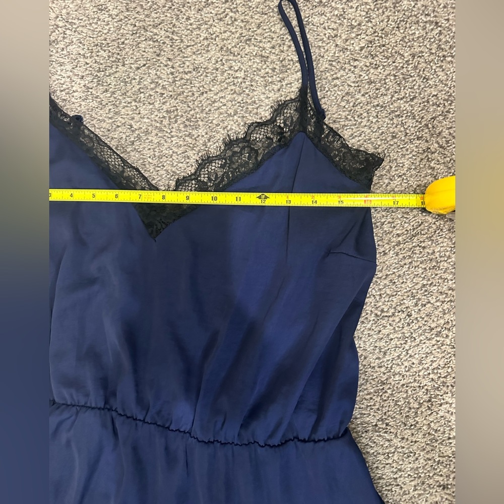 Asos Design Cami Dress Womens Size 14 Navy Blue With Black Lace Trim V Neck - Picture 4 of 12